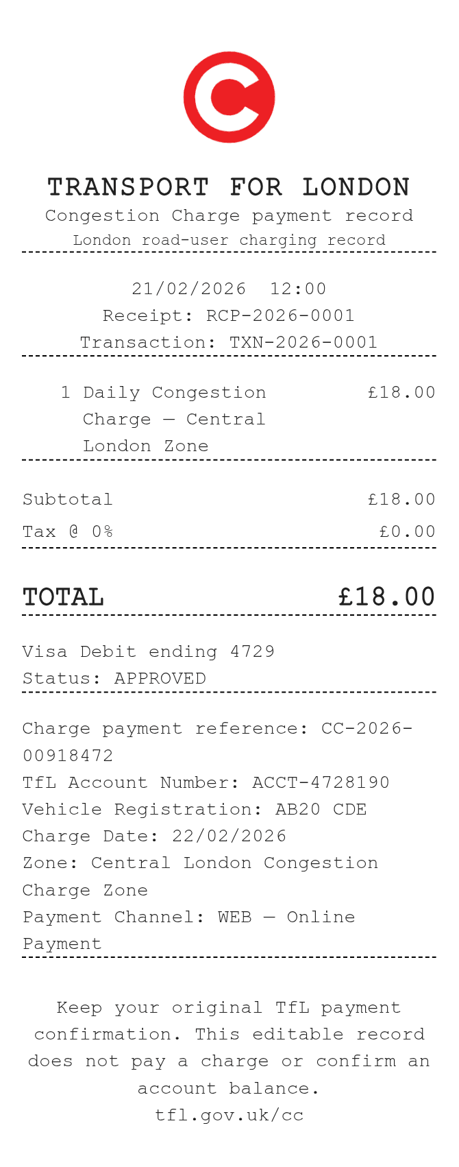 Congestion Charge Receipt — example receipt