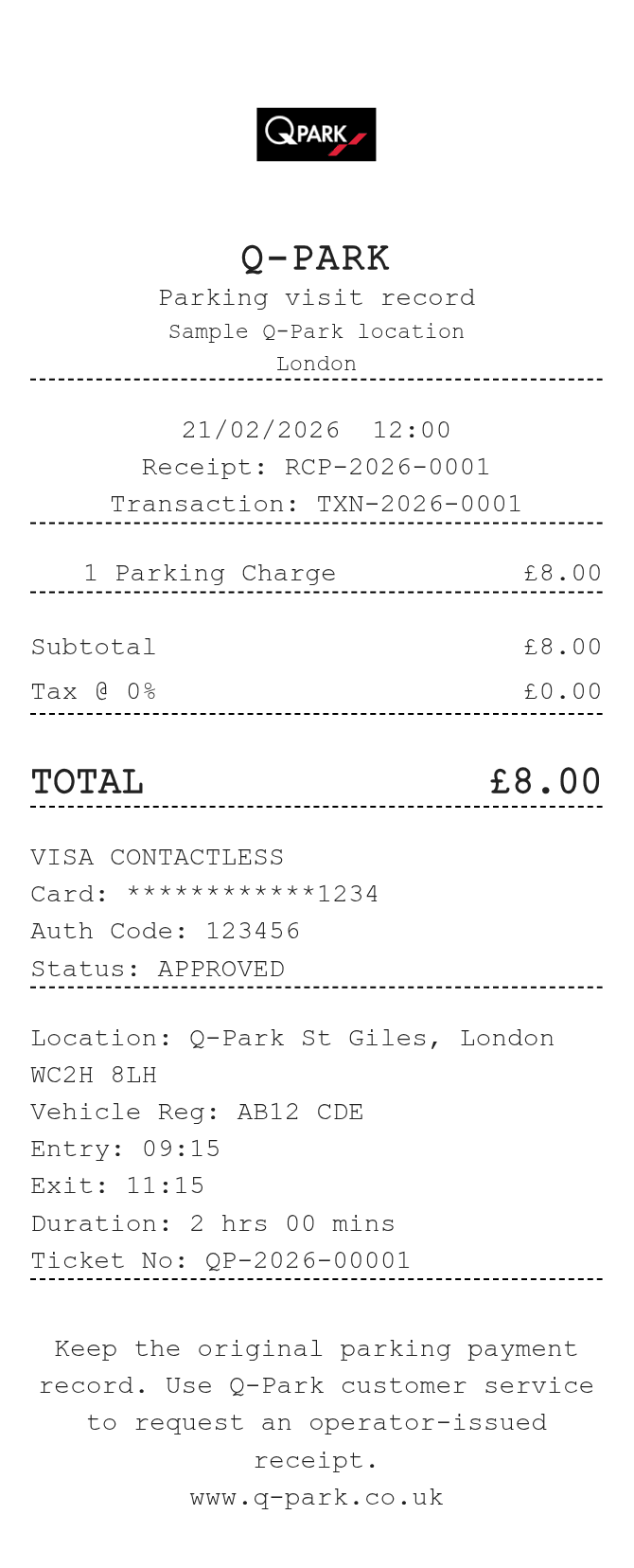 Q Park Receipt — example receipt