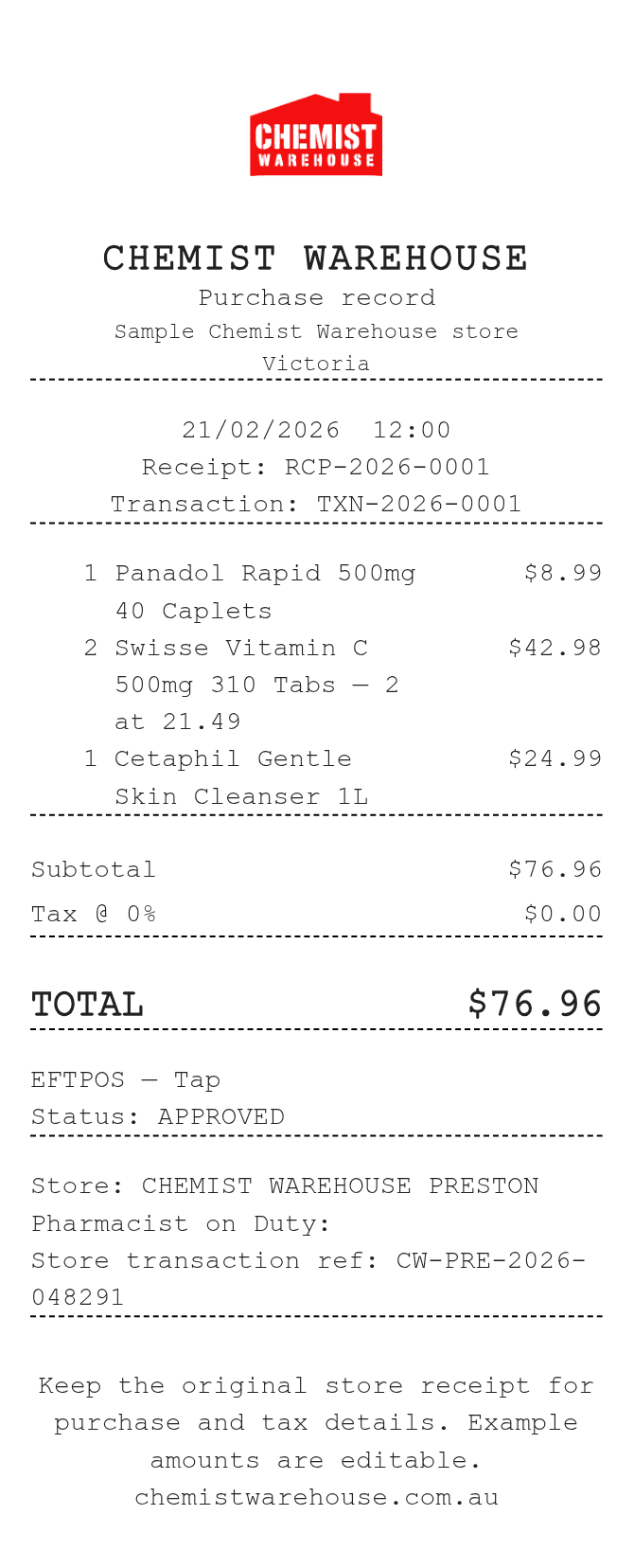 Chemist Warehouse Receipt — example receipt