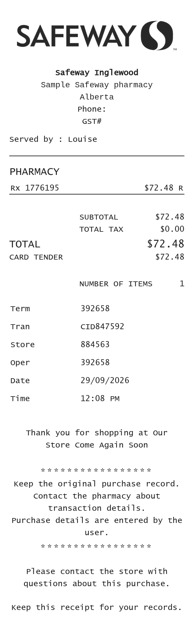 Safeway Receipt — example receipt
