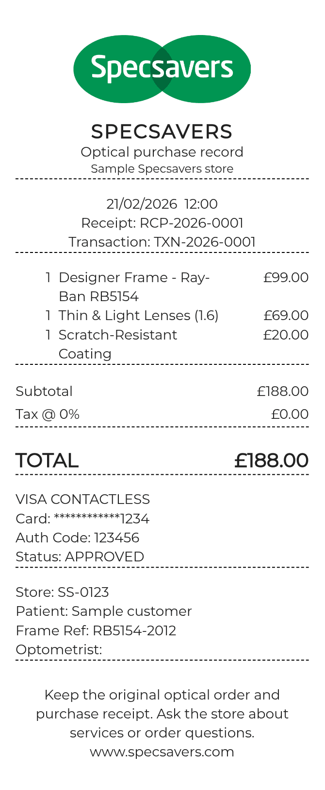 Specsavers Receipt — example receipt