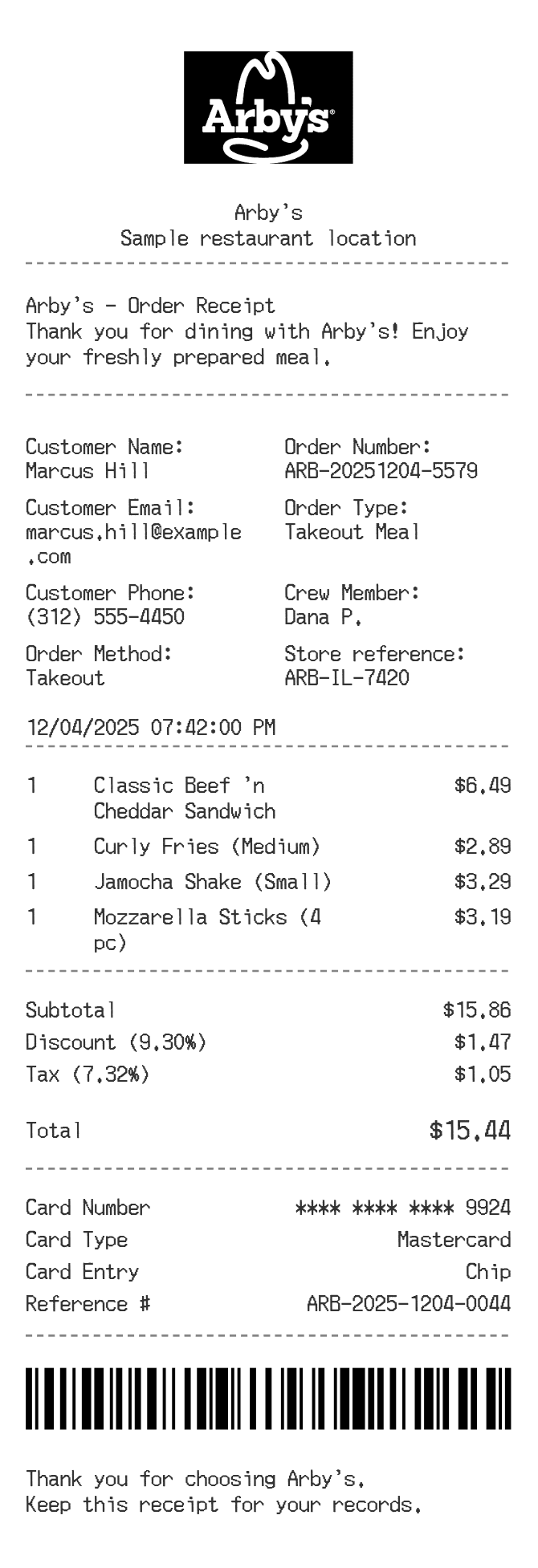 Arby's Receipt — example receipt