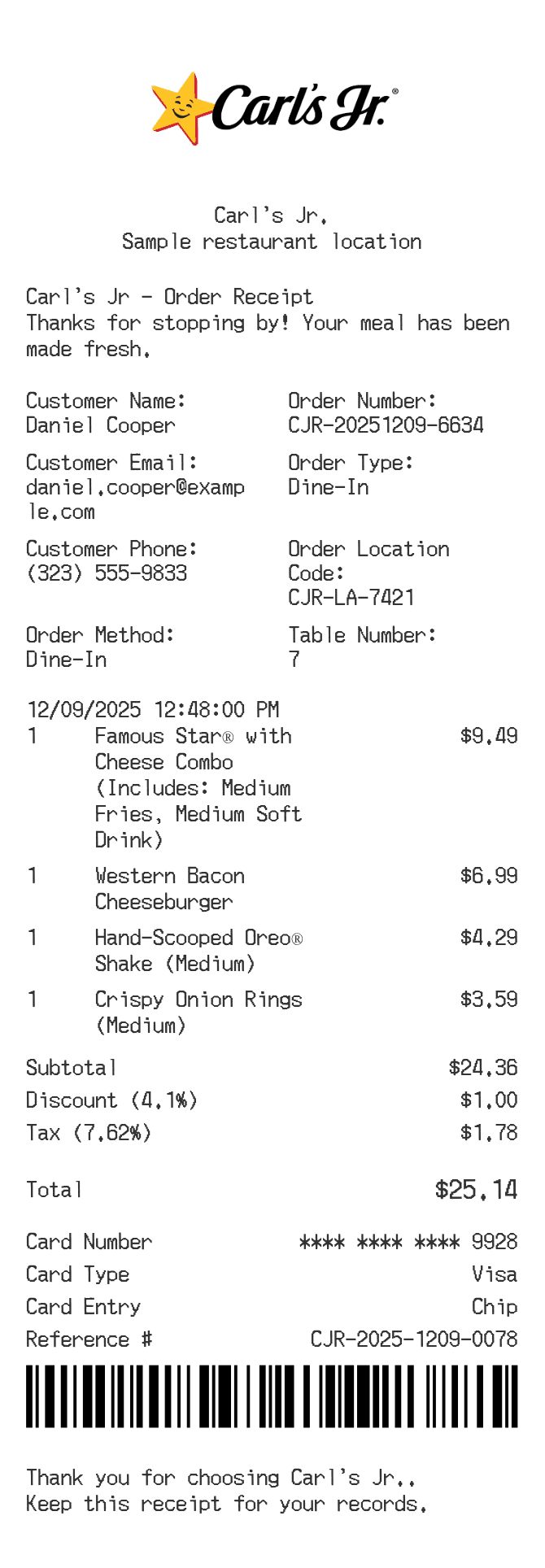 Carl's Jr. Receipt — example receipt