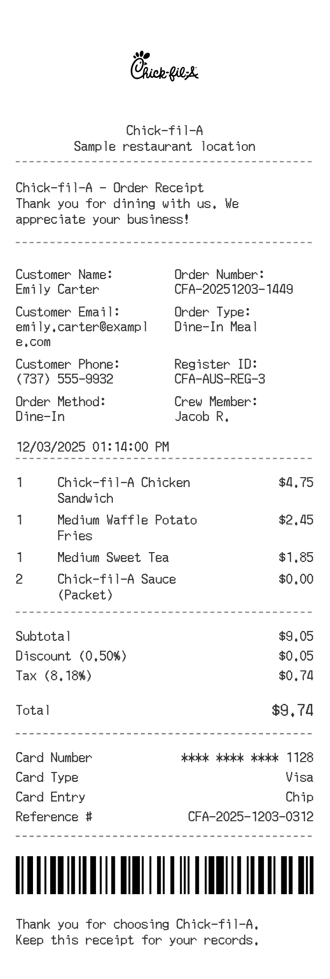Chick-Fil-A Receipt — example receipt