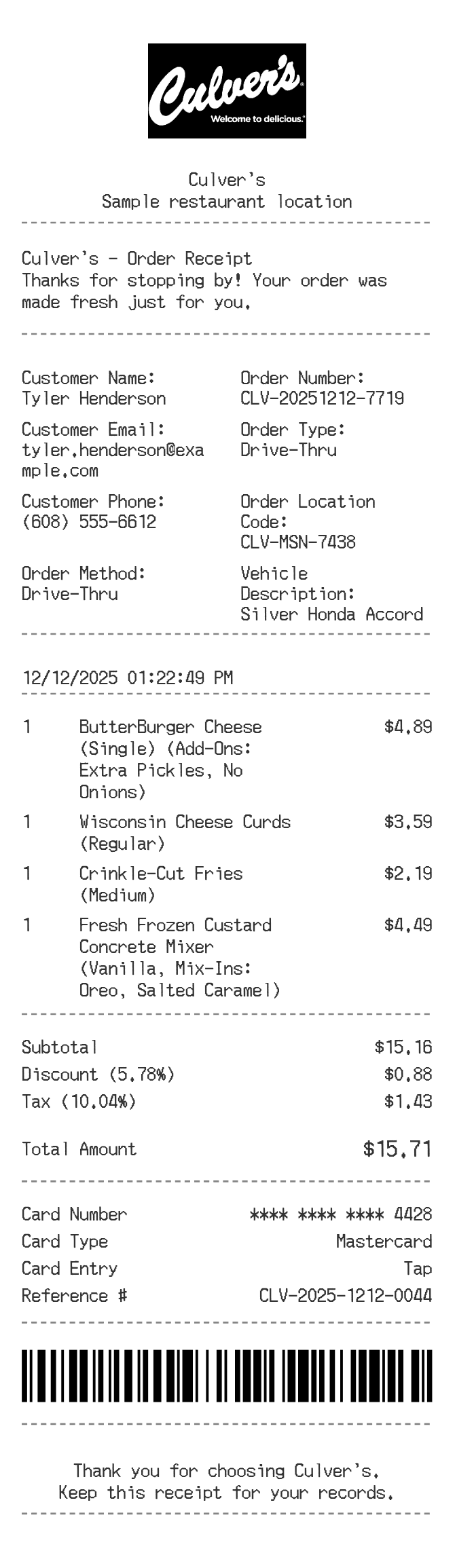 Culver's Receipt — example receipt