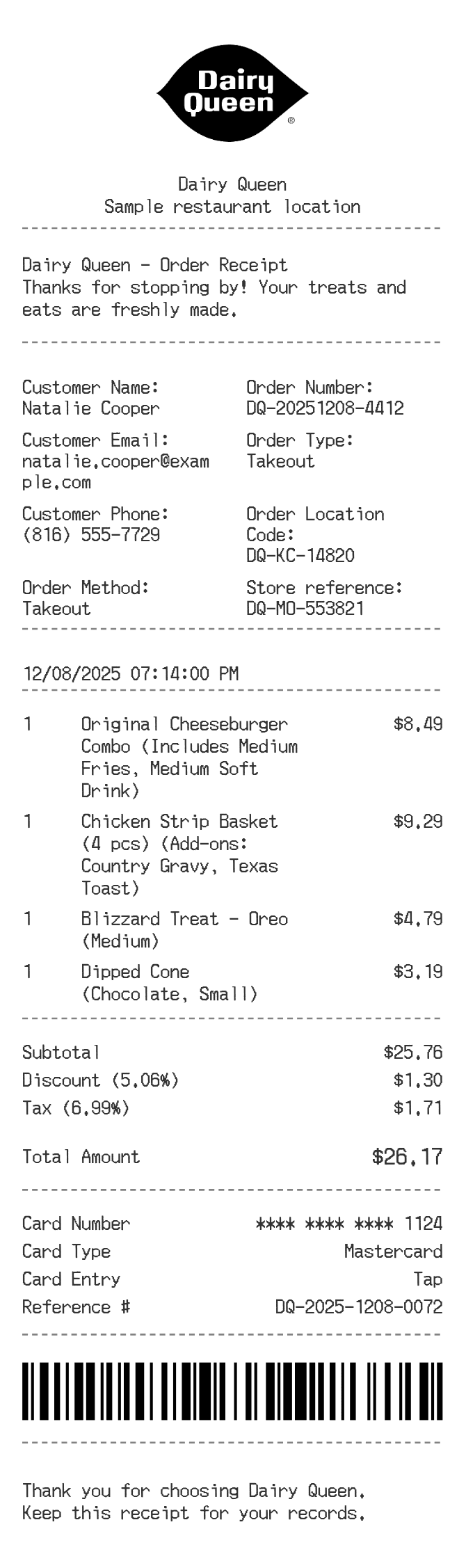 Dairy Queen Receipt — example receipt