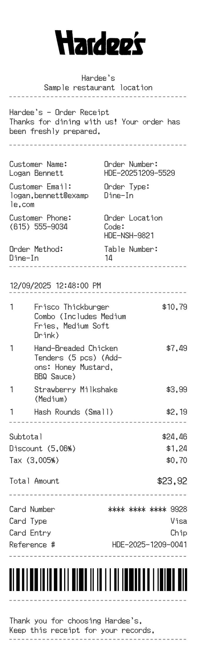 Hardee's Receipt — example receipt
