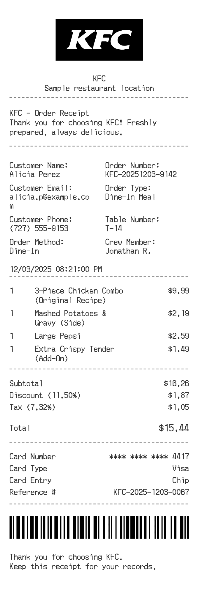 KFC Receipt — example receipt