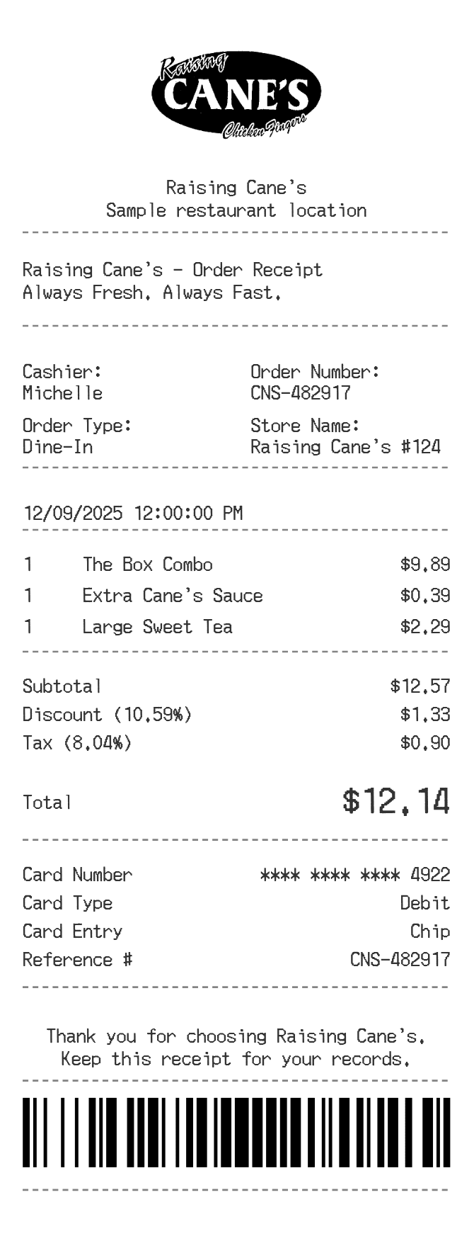 Raising Cane's Receipt — example receipt