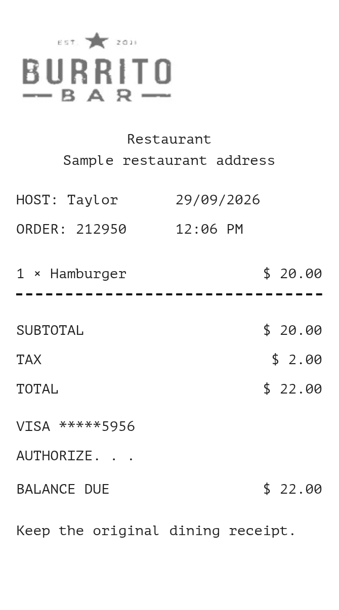 Restaurant Receipt — example receipt