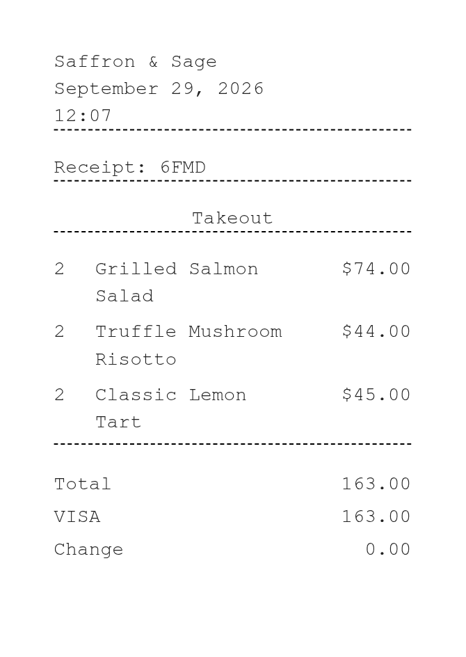Saffron & Sage Receipt — example receipt