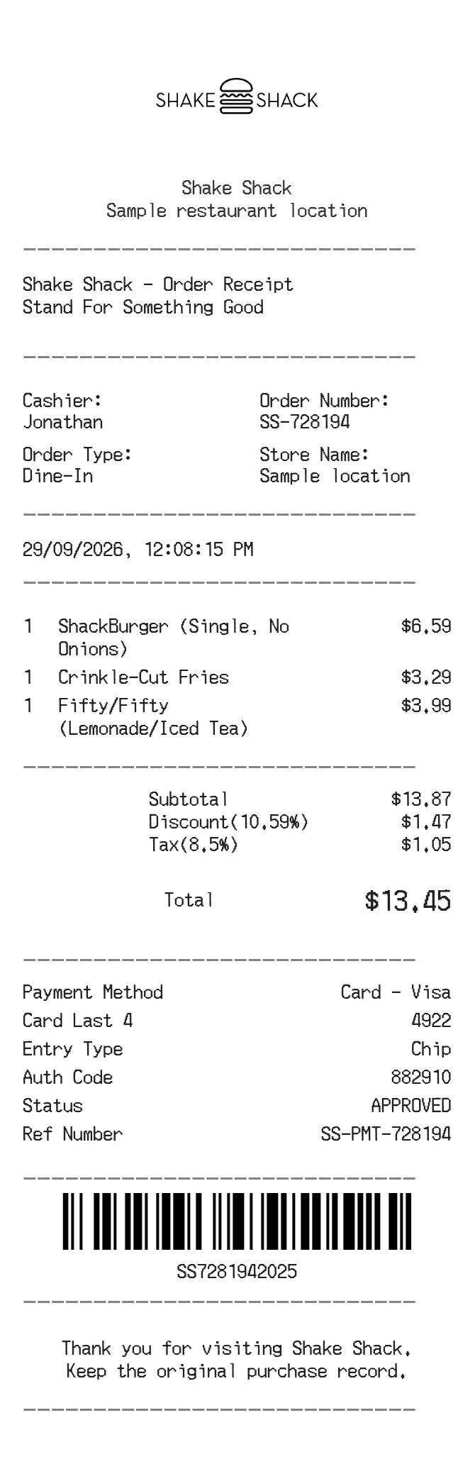 Shake Shack Receipt — example receipt
