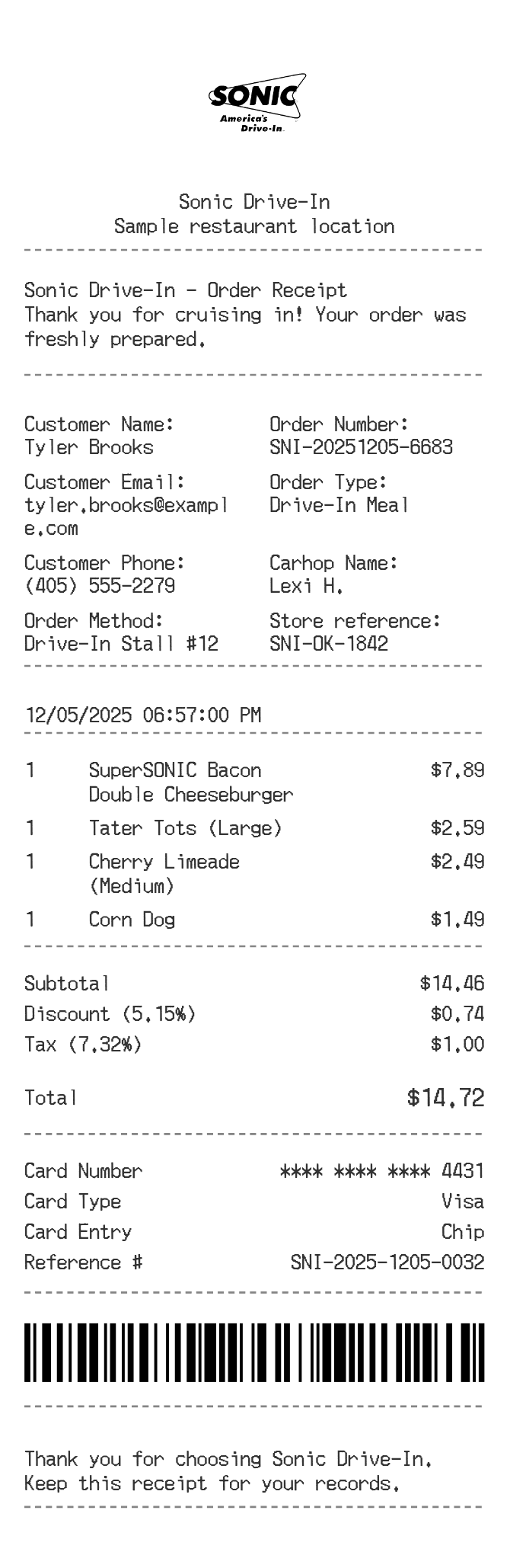 Sonic Drive-In Receipt — example receipt