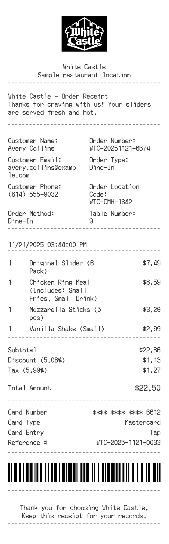 White Castle Receipt — example receipt