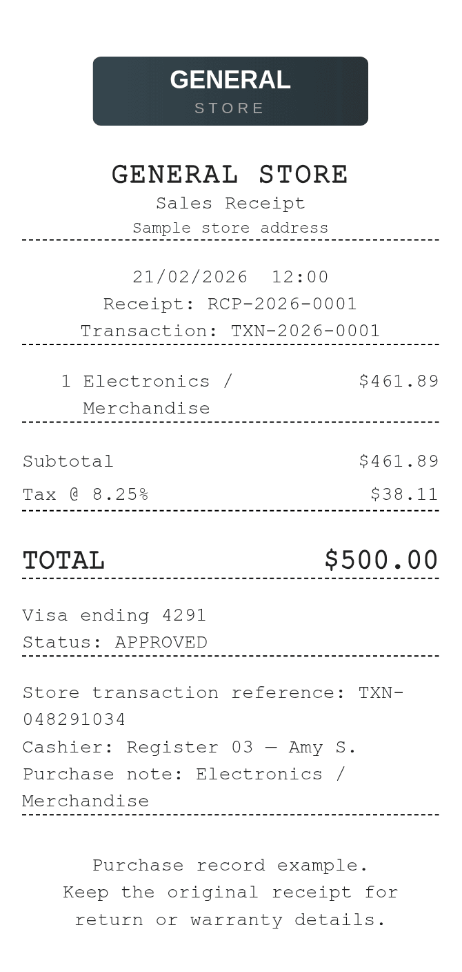 500 Dollar Receipt — example receipt