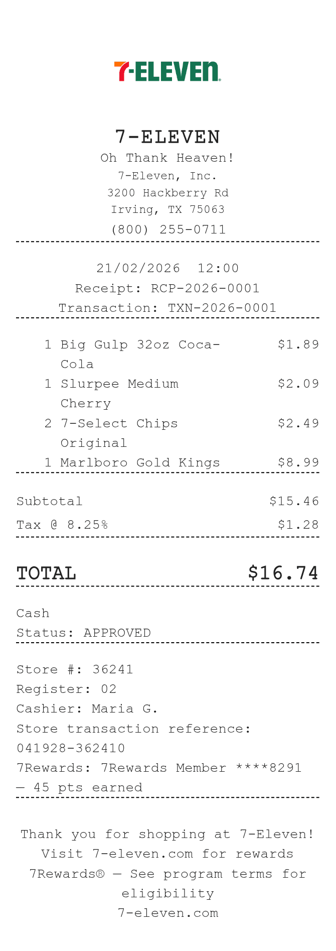 7 Eleven Receipt — example receipt