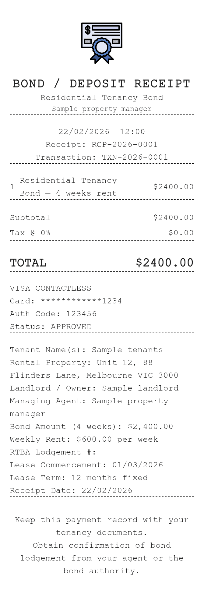 Bond Deposit Receipt — example receipt