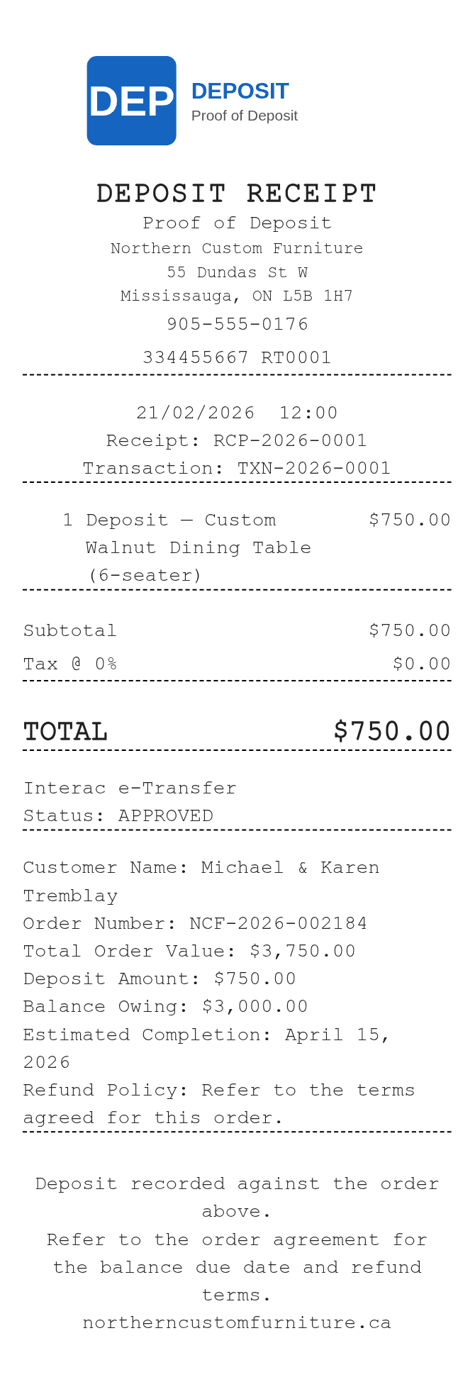 Deposit Receipt Canada Receipt — example receipt