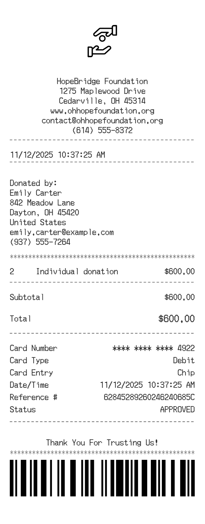 Donation Receipt — example receipt