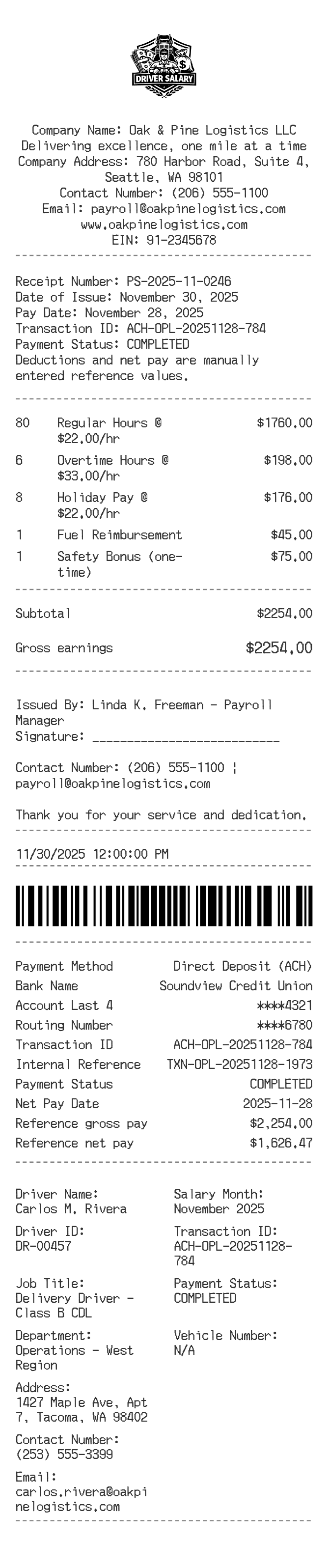 Driver Salary Receipt — example receipt