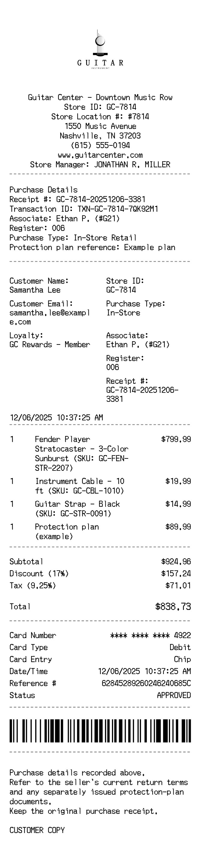 Guitar Receipt — example receipt