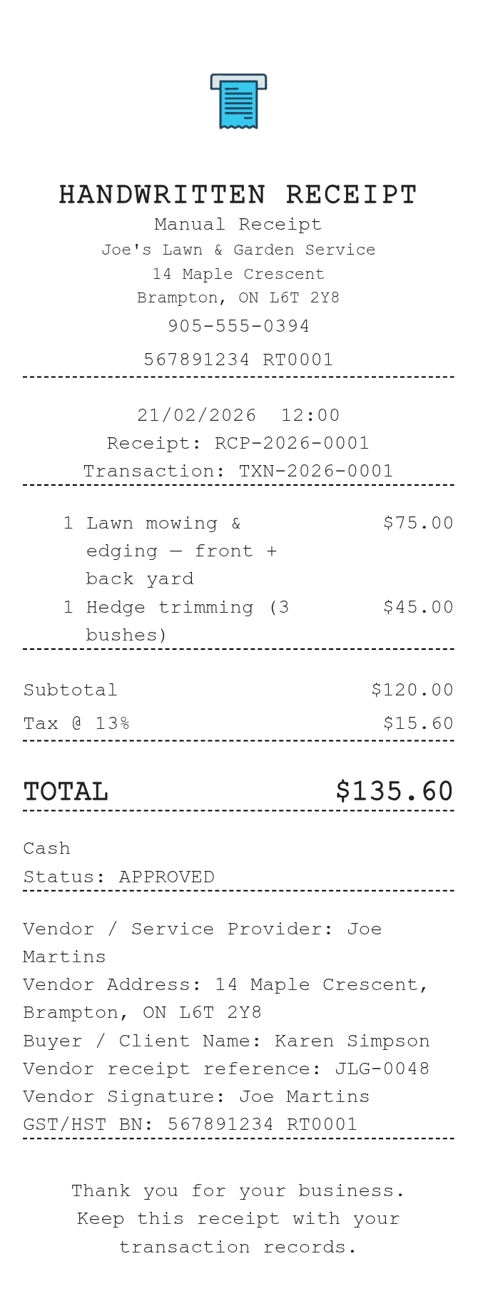 Handwritten Receipt — example receipt