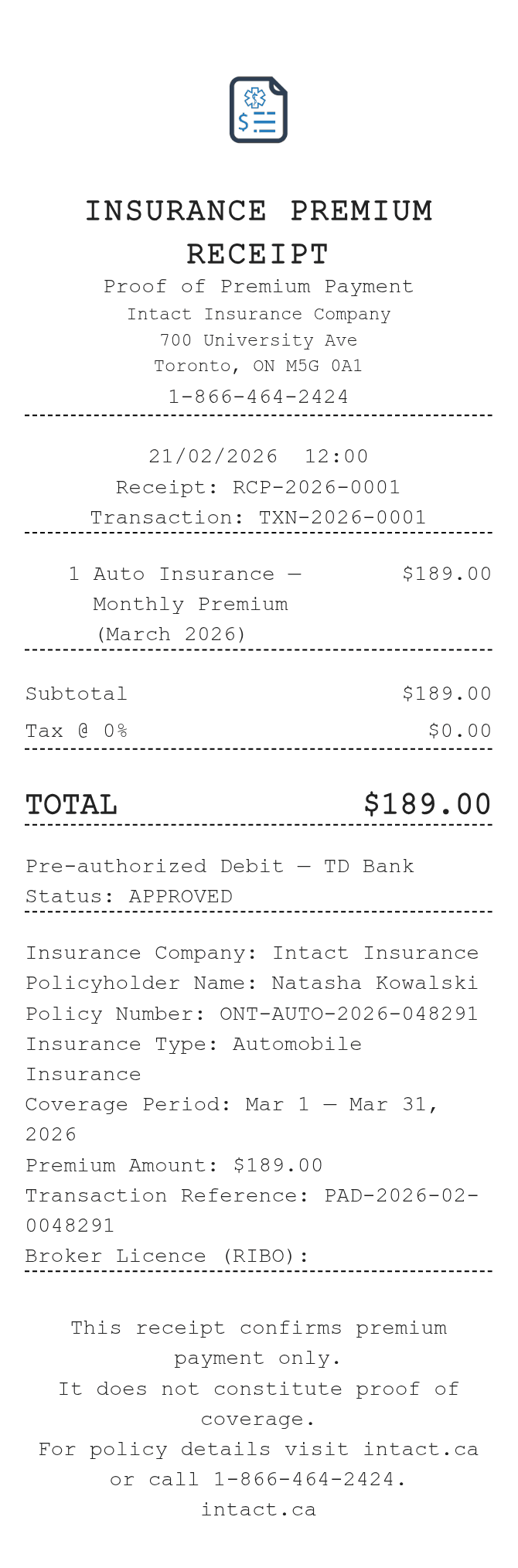 Insurance Receipt — example receipt