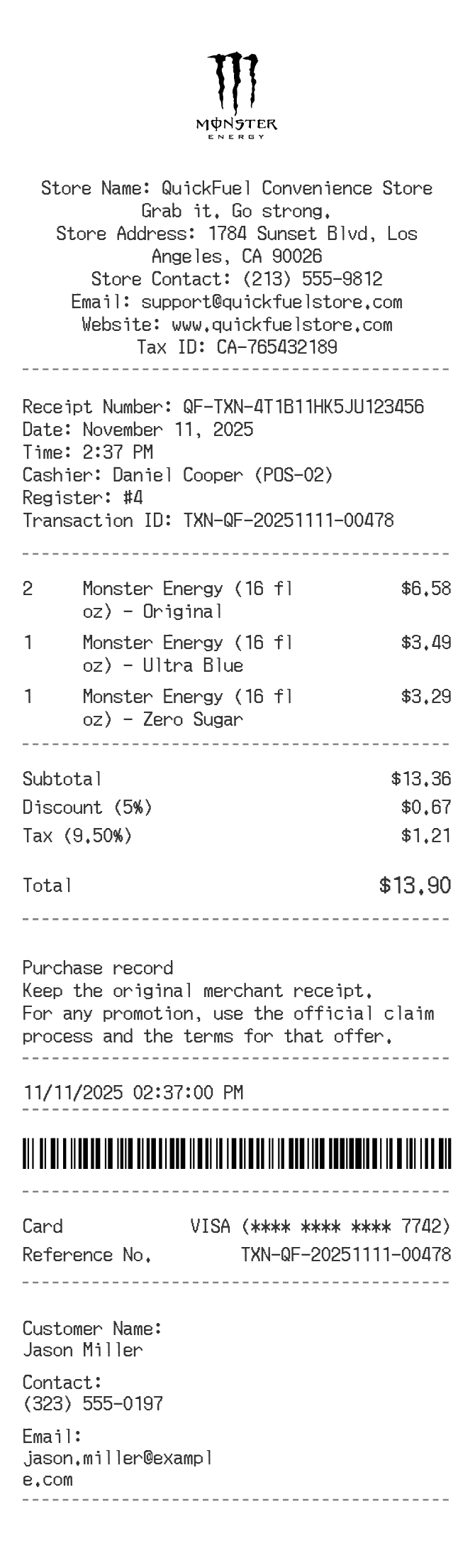 Monster Energy Receipt — example receipt