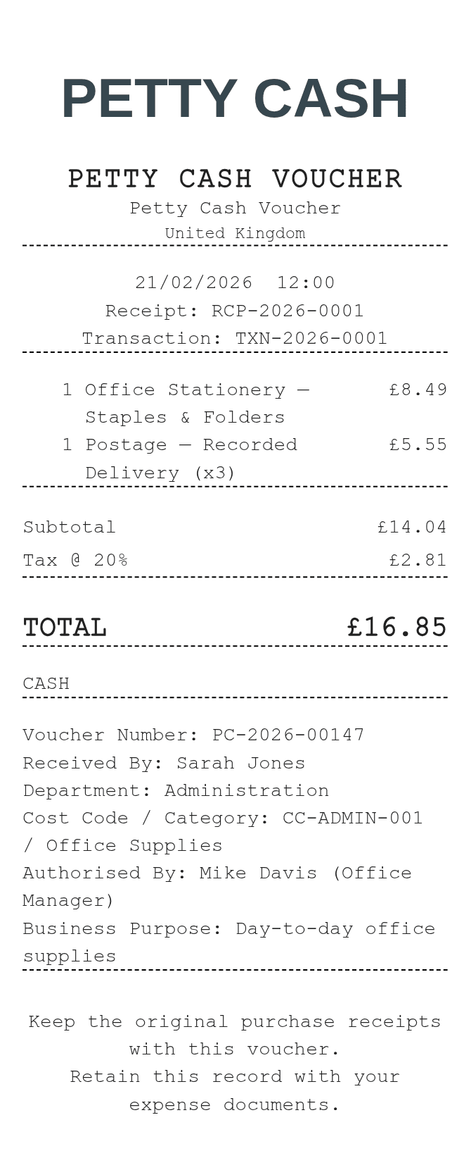 Petty Cash Receipt — example receipt