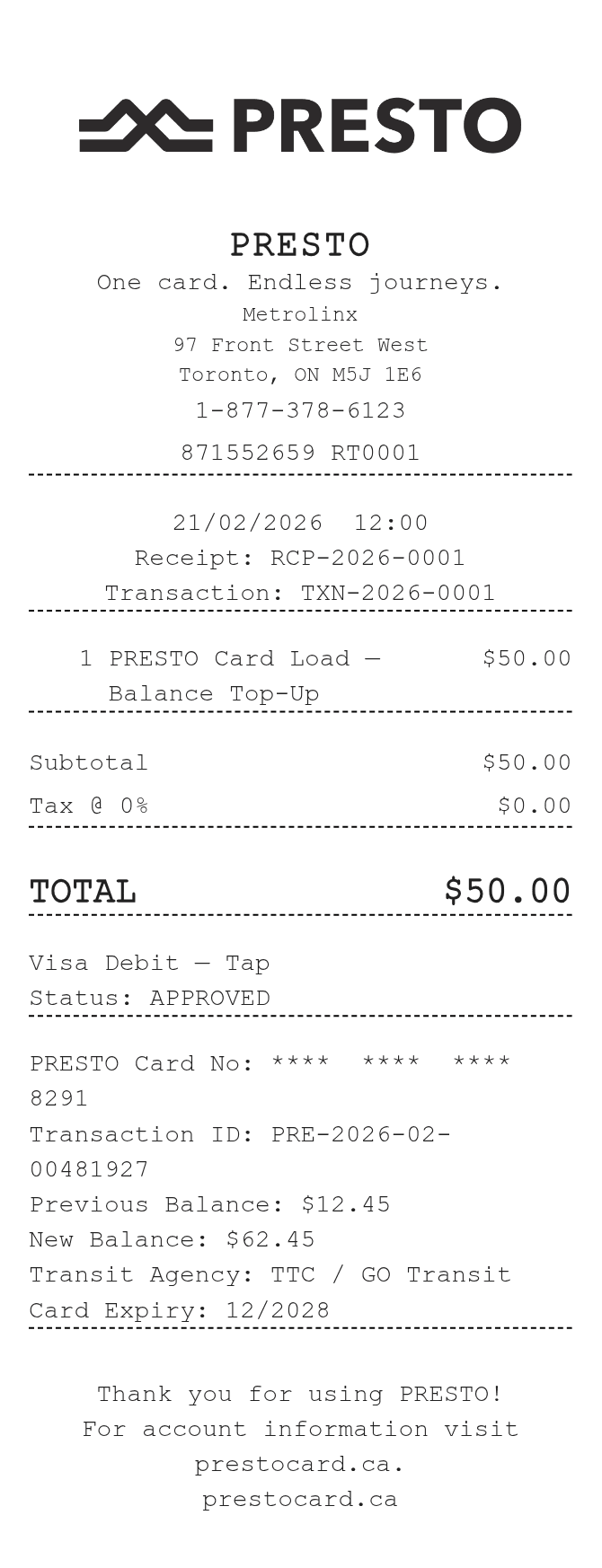 Presto Canada Receipt — example receipt