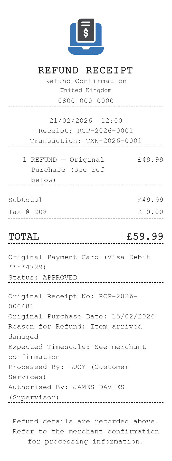 Refund Receipt — example receipt
