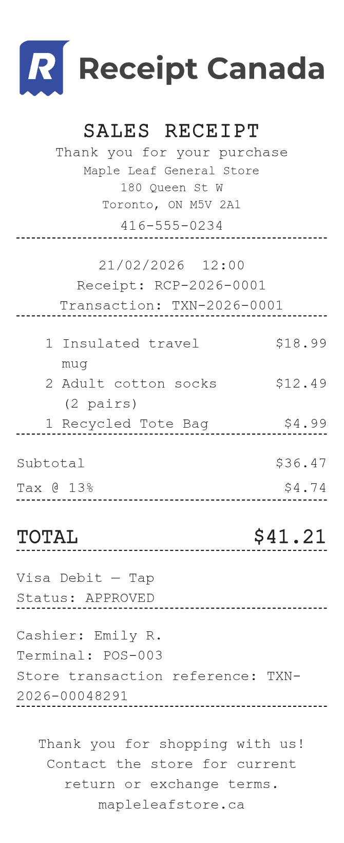 Sales Receipt Canada Receipt — example receipt