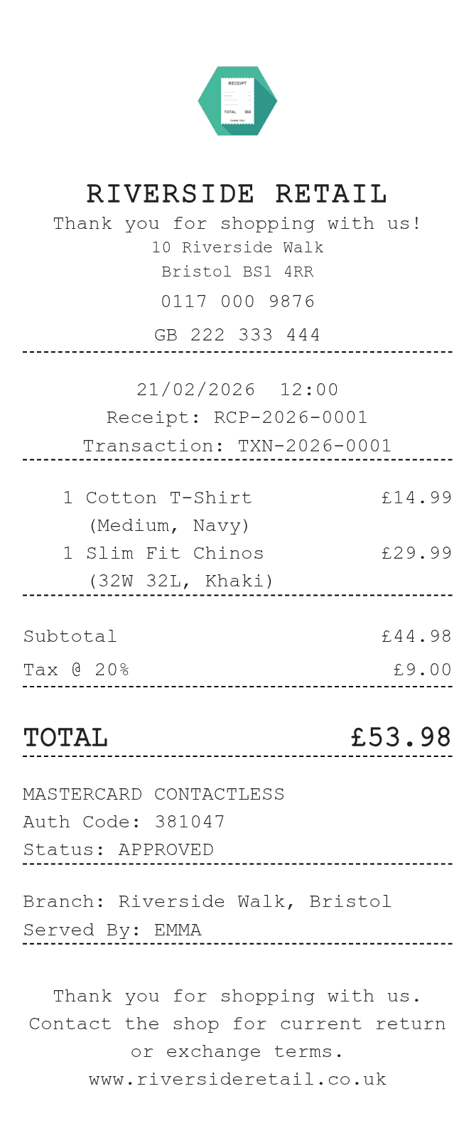 Shop Receipt — example receipt