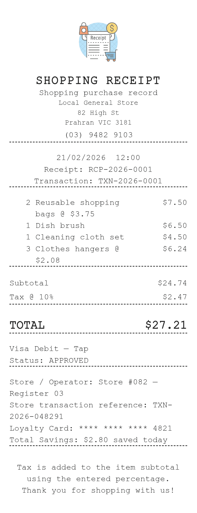 Shopping Receipt Australia Receipt — example receipt