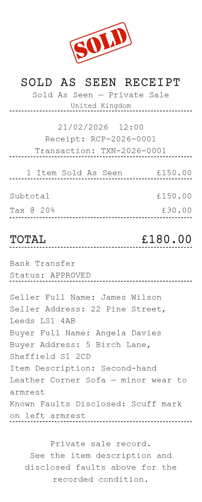 Sold As Seen Receipt — example receipt