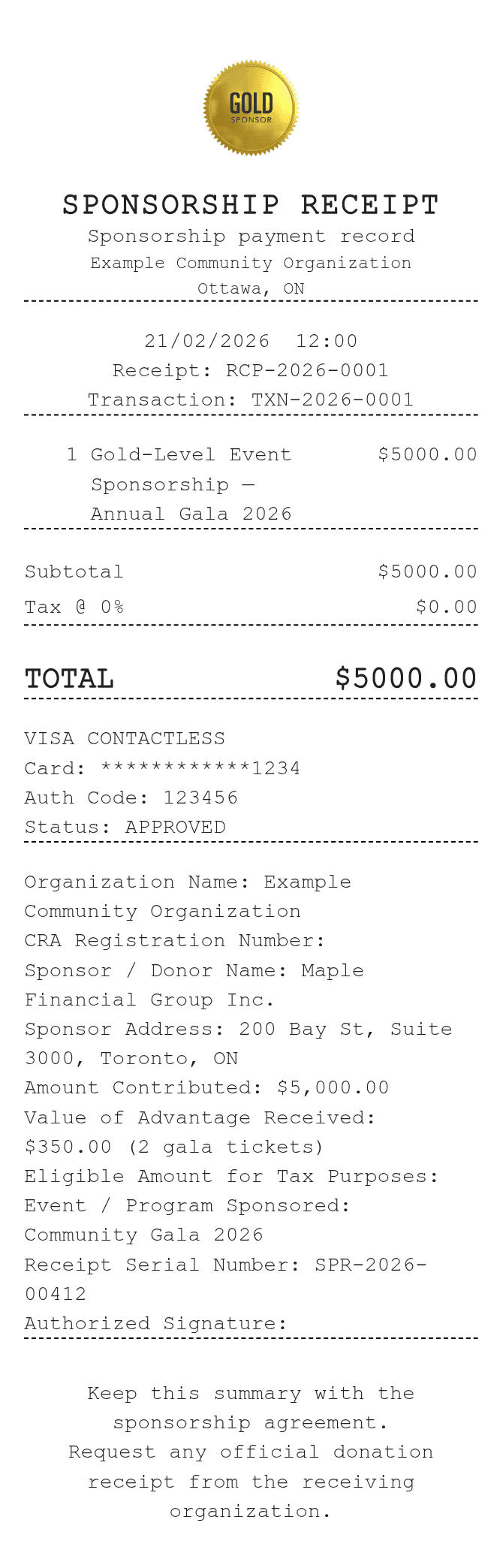 Sponsorship Receipt — example receipt