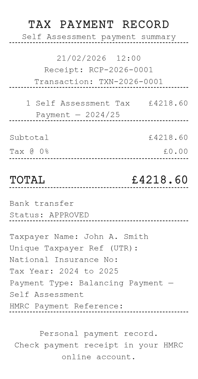 Tax Receipt — example receipt