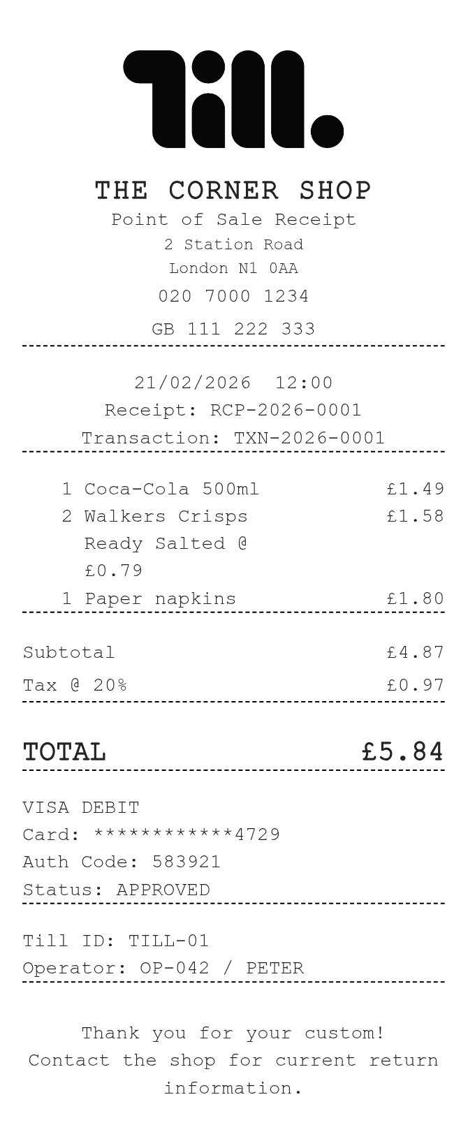 Till Receipt — example receipt