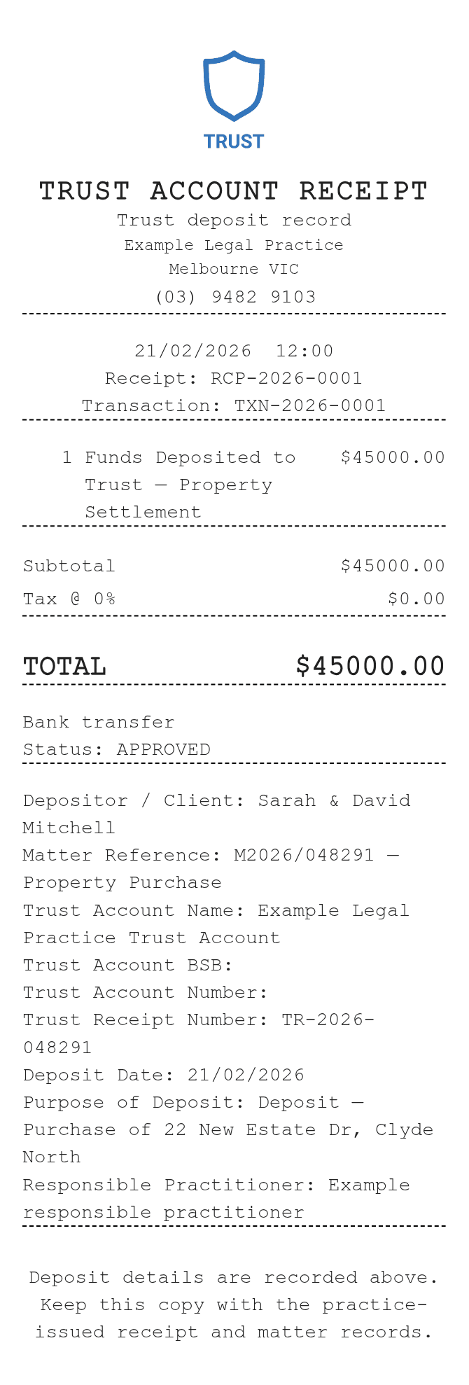 Trust Account Receipt — example receipt