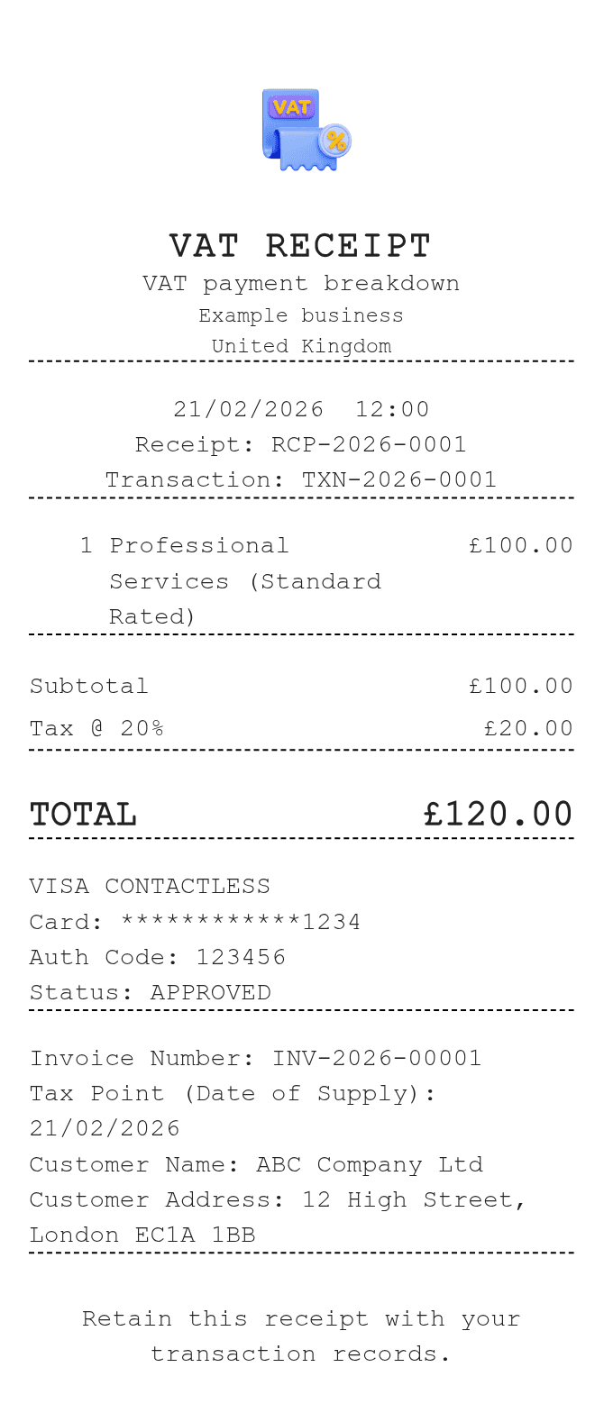 VAT Receipt — example receipt