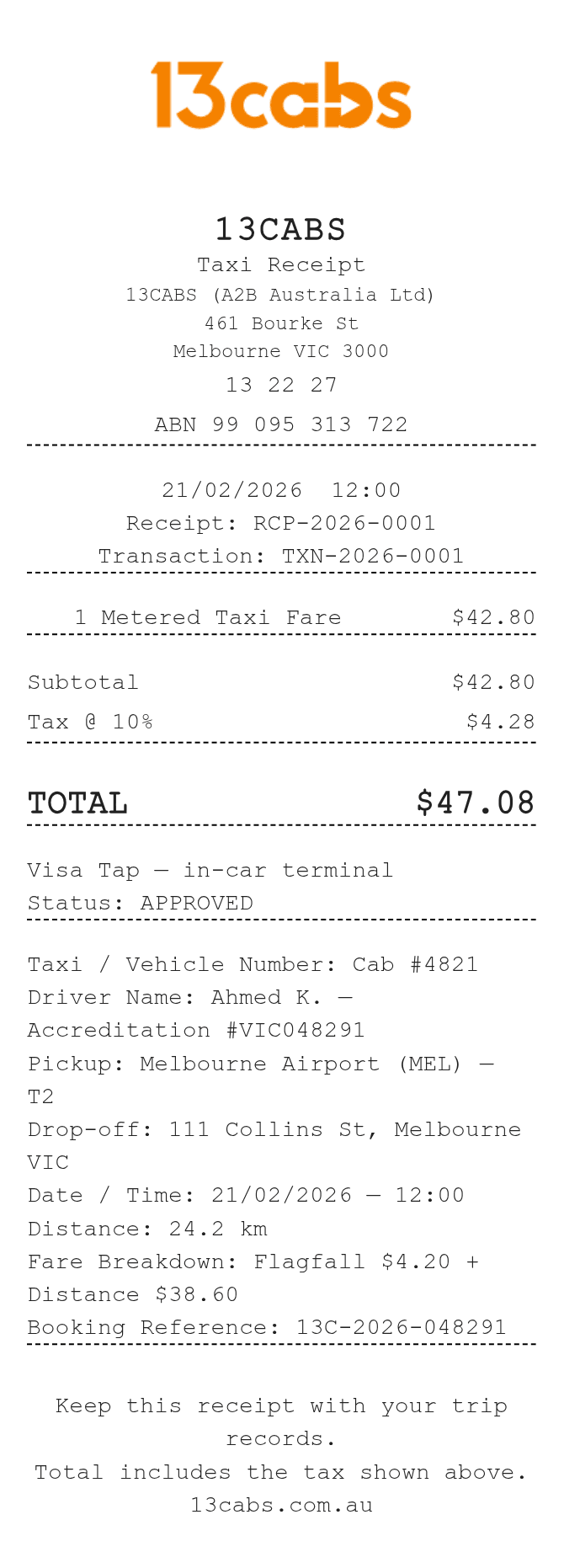 13cabs Receipt — example receipt