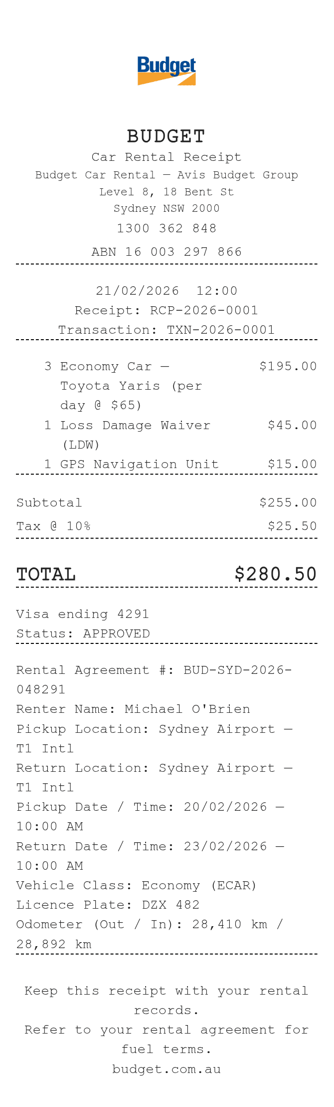 Budget Receipt — example receipt