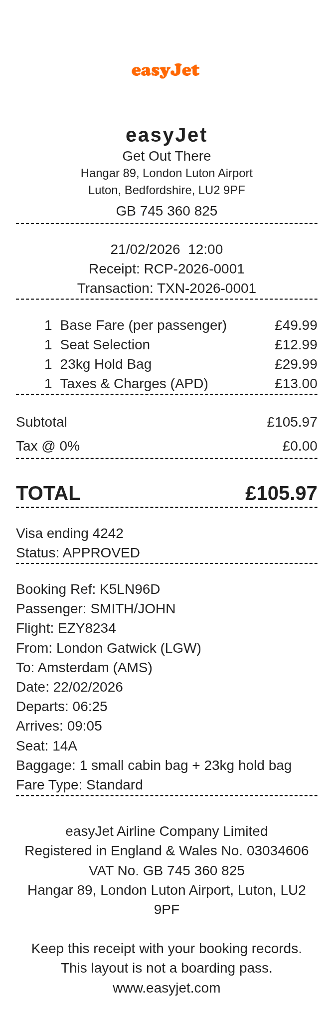 Easyjet Receipt — example receipt
