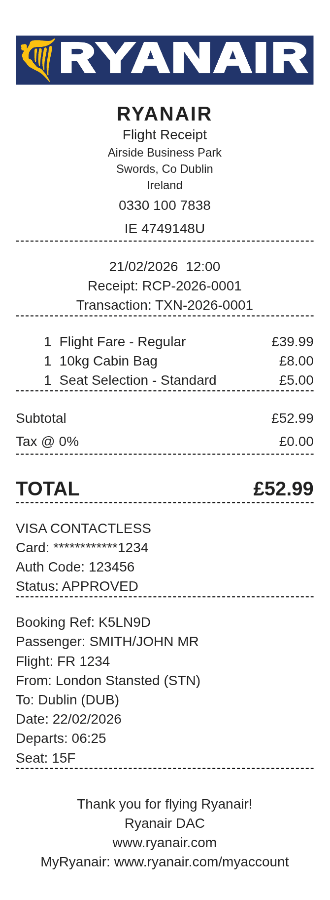 Ryanair Receipt — example receipt
