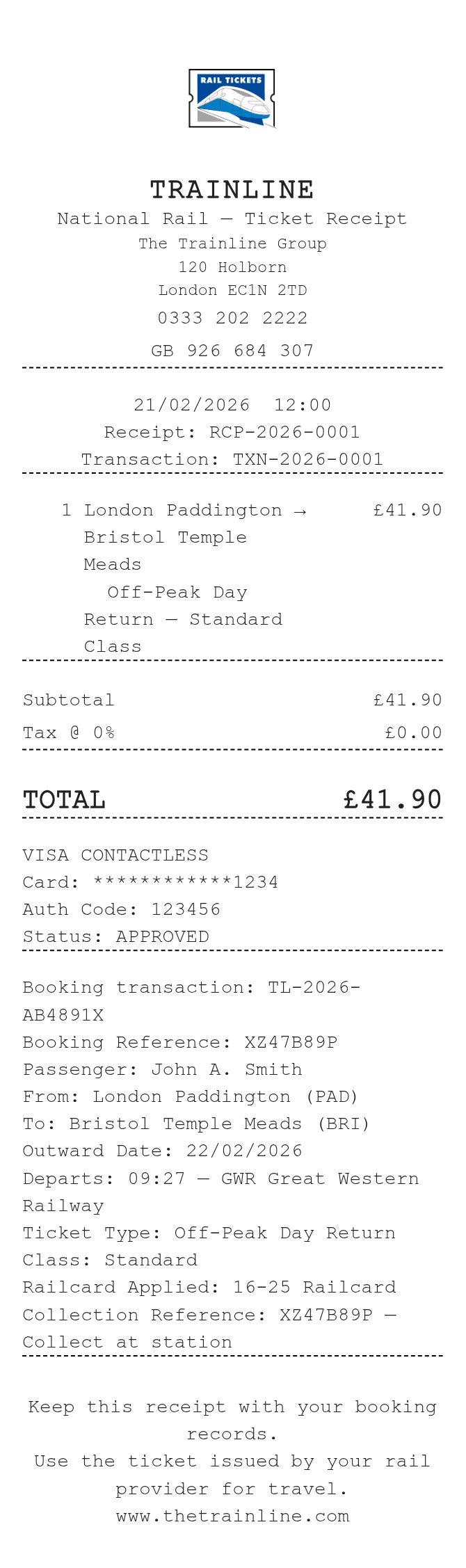 Train Ticket Receipt — example receipt
