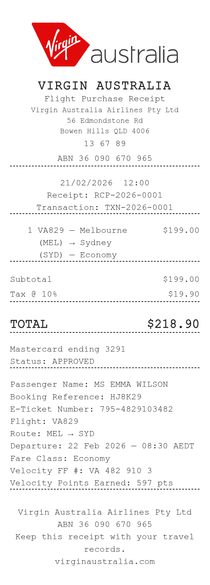 Virgin Australia Receipt — example receipt